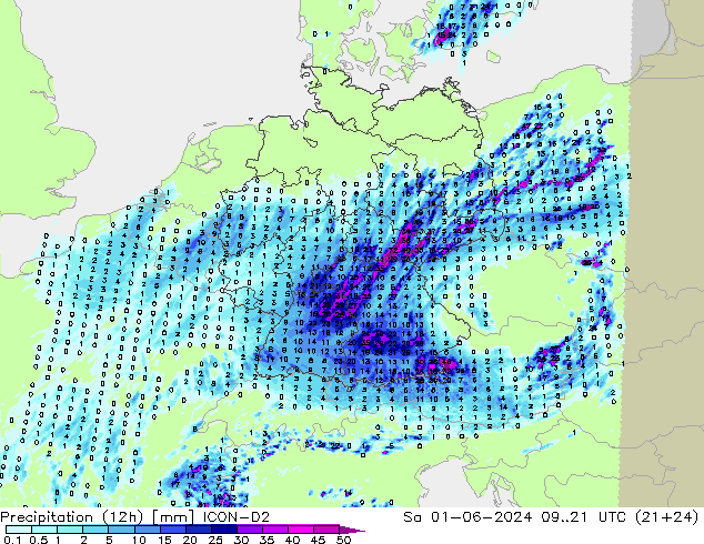 Totale neerslag (12h) ICON-D2 za 01.06.2024 21 UTC