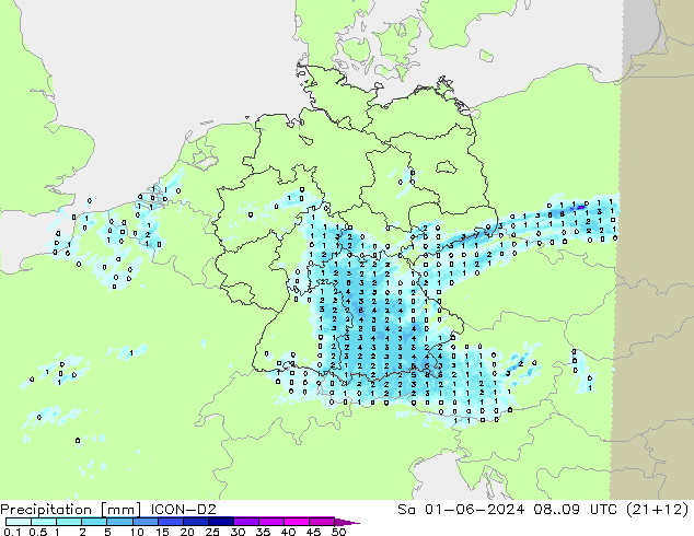 降水 ICON-D2 星期六 01.06.2024 09 UTC