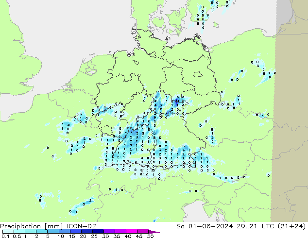 Precipitazione ICON-D2 sab 01.06.2024 21 UTC