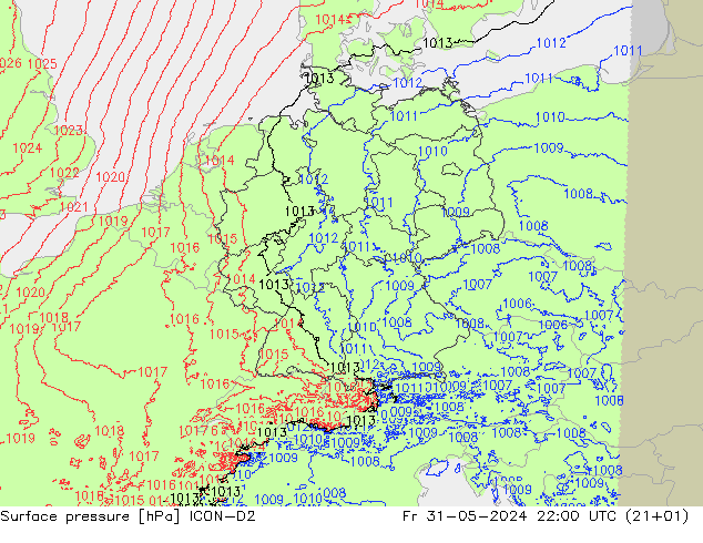 地面气压 ICON-D2 星期五 31.05.2024 22 UTC