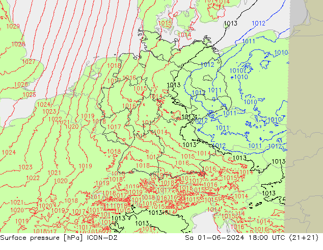 Atmosférický tlak ICON-D2 So 01.06.2024 18 UTC