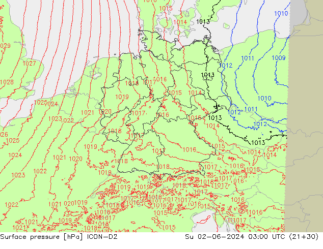 pressão do solo ICON-D2 Dom 02.06.2024 03 UTC