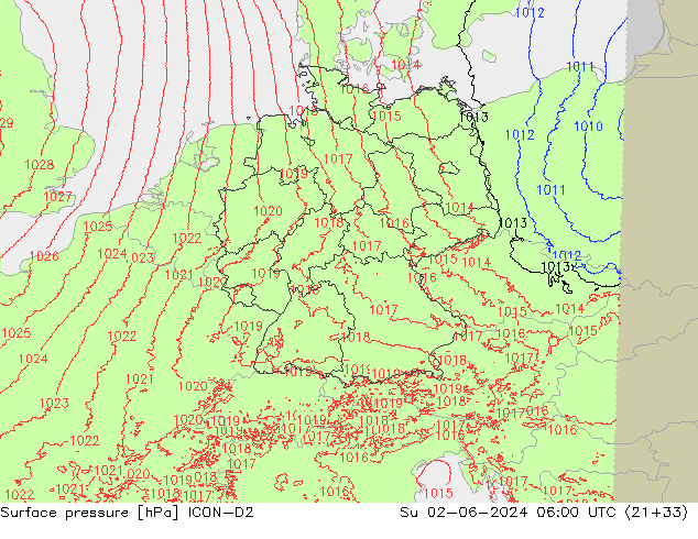 Surface pressure ICON-D2 Su 02.06.2024 06 UTC