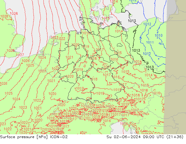 Surface pressure ICON-D2 Su 02.06.2024 09 UTC