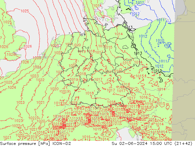 pressão do solo ICON-D2 Dom 02.06.2024 15 UTC