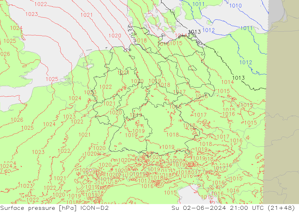 Atmosférický tlak ICON-D2 Ne 02.06.2024 21 UTC