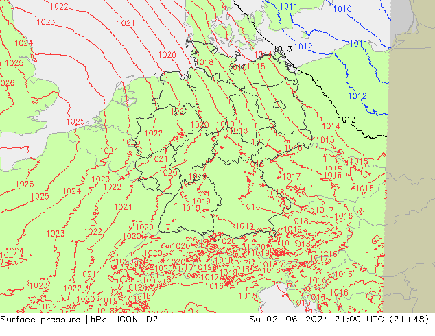 Surface pressure ICON-D2 Su 02.06.2024 21 UTC