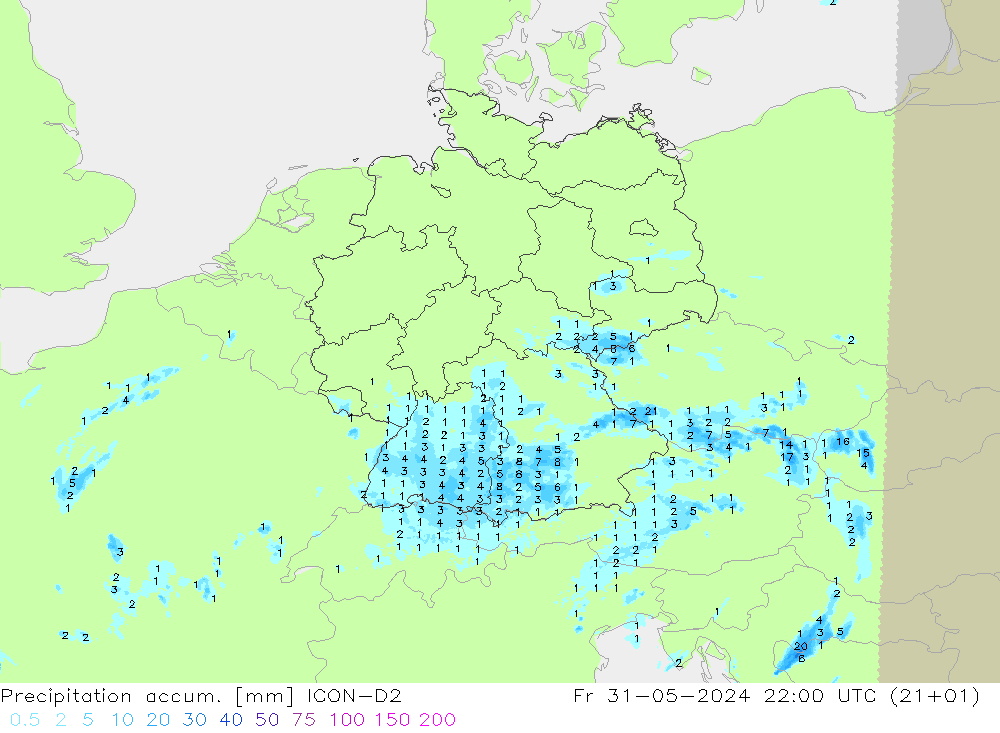 Precipitation accum. ICON-D2  31.05.2024 22 UTC