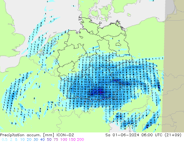 Precipitation accum. ICON-D2 Sáb 01.06.2024 06 UTC