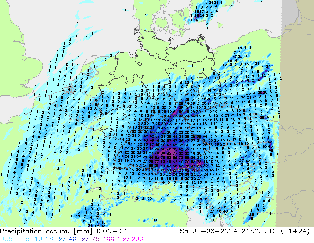 Precipitation accum. ICON-D2 sab 01.06.2024 21 UTC