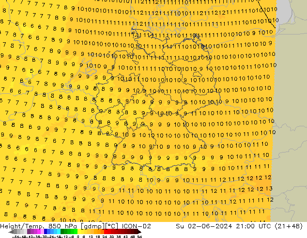 Height/Temp. 850 hPa ICON-D2 Su 02.06.2024 21 UTC