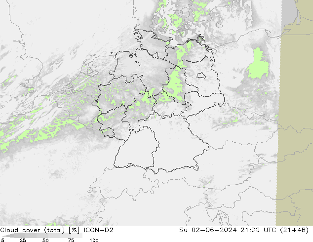 Nubes (total) ICON-D2 dom 02.06.2024 21 UTC