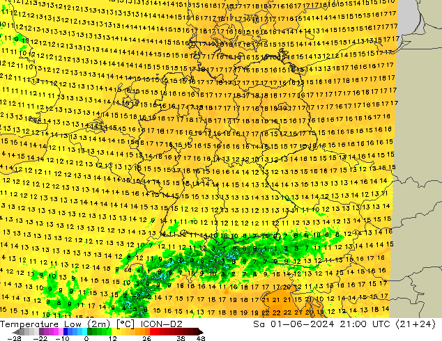 Temperature Low (2m) ICON-D2 Sa 01.06.2024 21 UTC