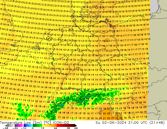 Temperature Low (2m) ICON-D2 Su 02.06.2024 21 UTC