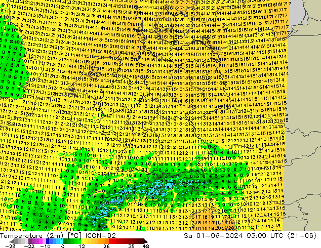 Temperatura (2m) ICON-D2 Sáb 01.06.2024 03 UTC