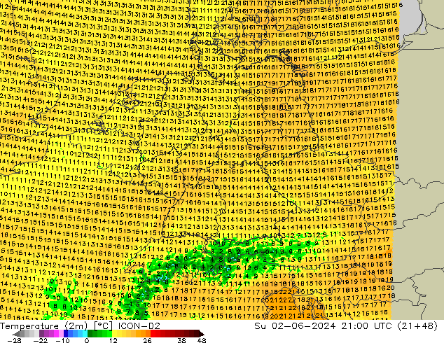 Temperatura (2m) ICON-D2 dom 02.06.2024 21 UTC