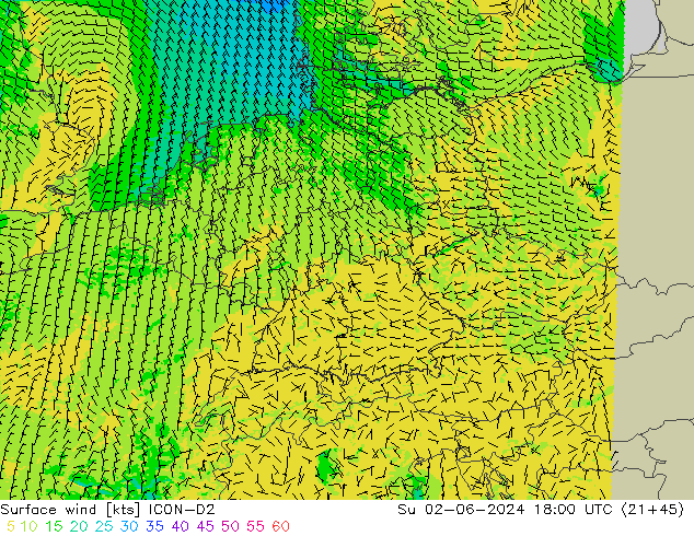 Surface wind ICON-D2 Su 02.06.2024 18 UTC