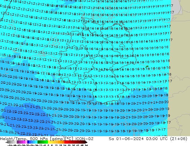 Height/Temp. 500 hPa ICON-D2 Sa 01.06.2024 03 UTC