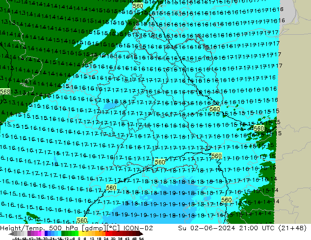 Hoogte/Temp. 500 hPa ICON-D2 zo 02.06.2024 21 UTC