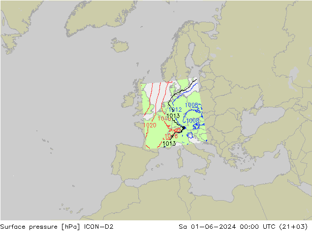 Presión superficial ICON-D2 sáb 01.06.2024 00 UTC