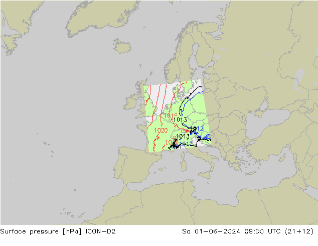 pressão do solo ICON-D2 Sáb 01.06.2024 09 UTC