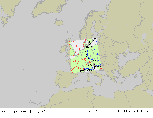 pressão do solo ICON-D2 Sáb 01.06.2024 15 UTC