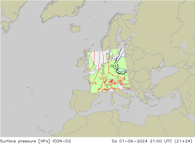 Atmosférický tlak ICON-D2 So 01.06.2024 21 UTC