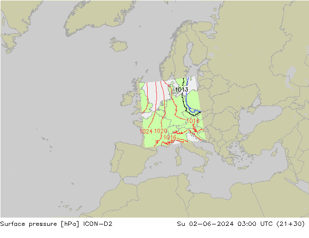 Surface pressure ICON-D2 Su 02.06.2024 03 UTC