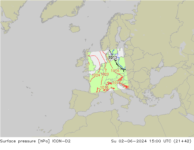 Surface pressure ICON-D2 Su 02.06.2024 15 UTC