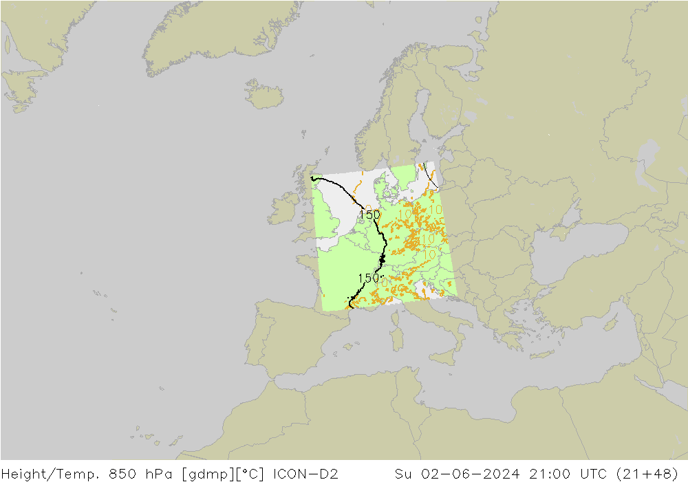 Geop./Temp. 850 hPa ICON-D2 dom 02.06.2024 21 UTC