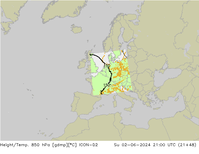 Height/Temp. 850 hPa ICON-D2  02.06.2024 21 UTC