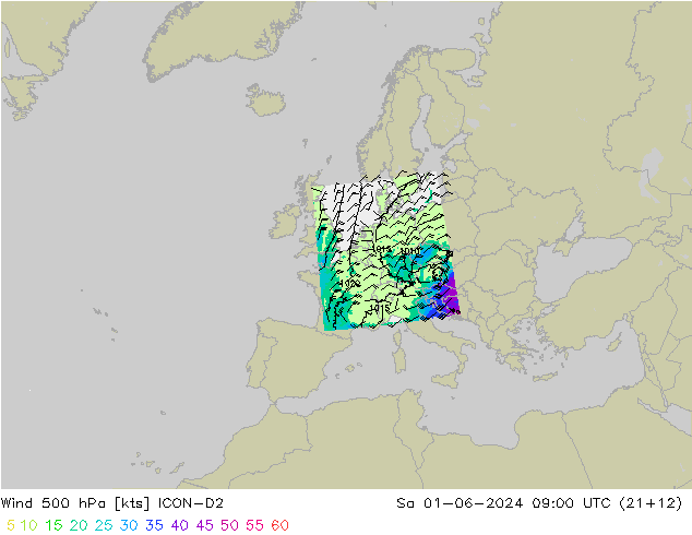 Wind 500 hPa ICON-D2 Sa 01.06.2024 09 UTC