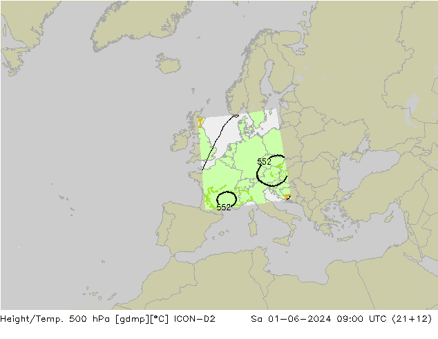 Height/Temp. 500 hPa ICON-D2 sab 01.06.2024 09 UTC