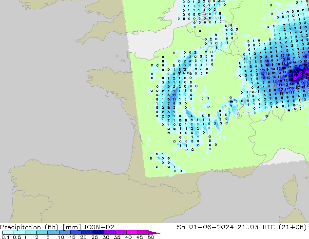 Precipitação (6h) ICON-D2 Sáb 01.06.2024 03 UTC