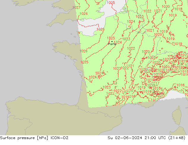 pression de l'air ICON-D2 dim 02.06.2024 21 UTC