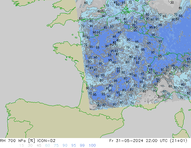 RH 700 hPa ICON-D2 Fr 31.05.2024 22 UTC