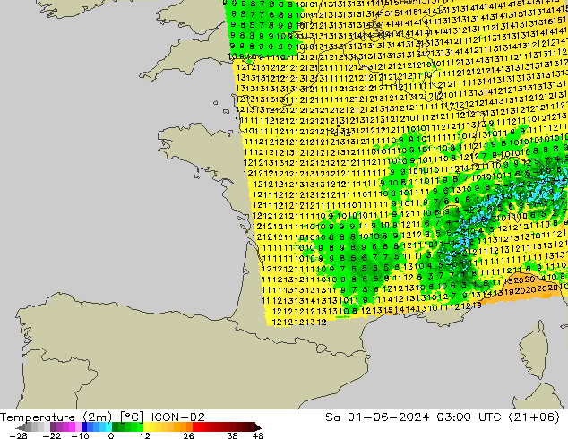 Temperatura (2m) ICON-D2 sab 01.06.2024 03 UTC