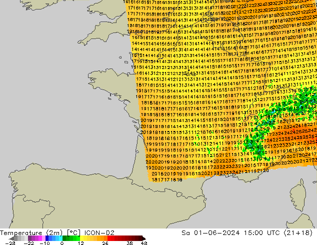 température (2m) ICON-D2 sam 01.06.2024 15 UTC