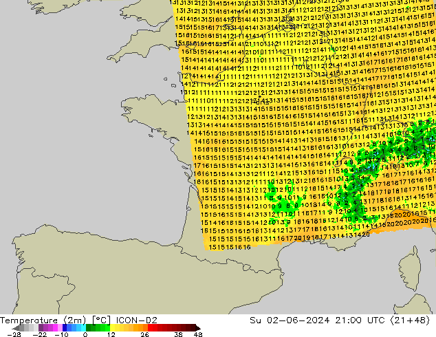 Temperature (2m) ICON-D2 Su 02.06.2024 21 UTC