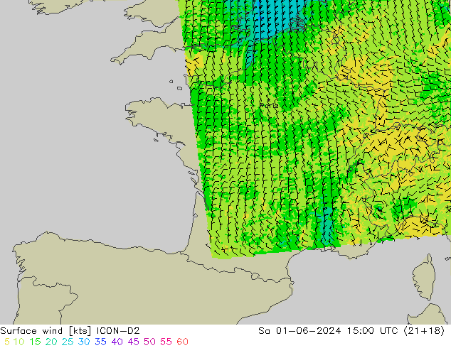 Vento 10 m ICON-D2 Sáb 01.06.2024 15 UTC