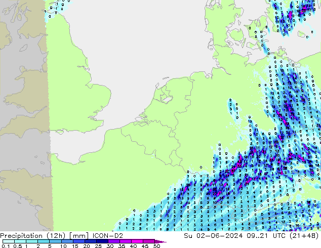 Precipitation (12h) ICON-D2 Su 02.06.2024 21 UTC