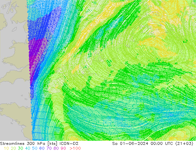 Streamlines 300 hPa ICON-D2 Sa 01.06.2024 00 UTC