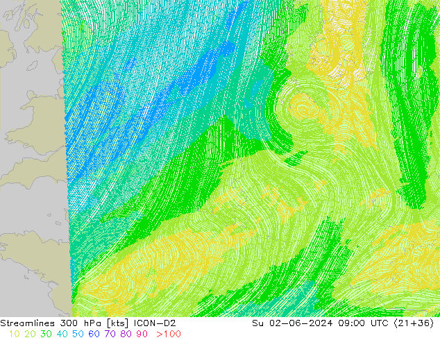 Rüzgar 300 hPa ICON-D2 Paz 02.06.2024 09 UTC