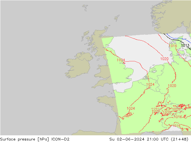 Surface pressure ICON-D2 Su 02.06.2024 21 UTC