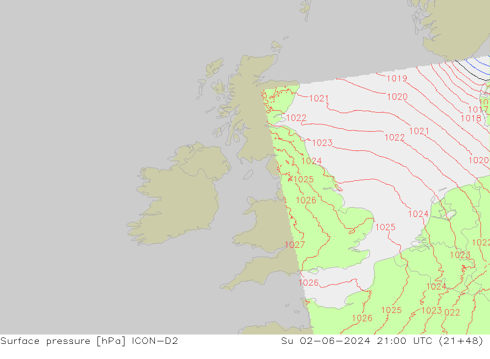 Surface pressure ICON-D2 Su 02.06.2024 21 UTC