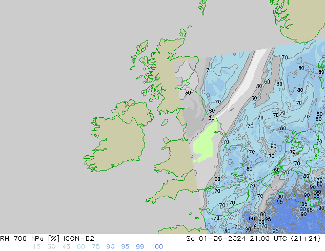RH 700 гПа ICON-D2 сб 01.06.2024 21 UTC