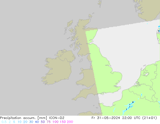 Precipitation accum. ICON-D2 Fr 31.05.2024 22 UTC