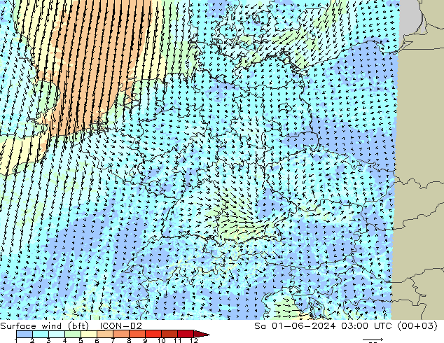 Bodenwind (bft) ICON-D2 Sa 01.06.2024 03 UTC