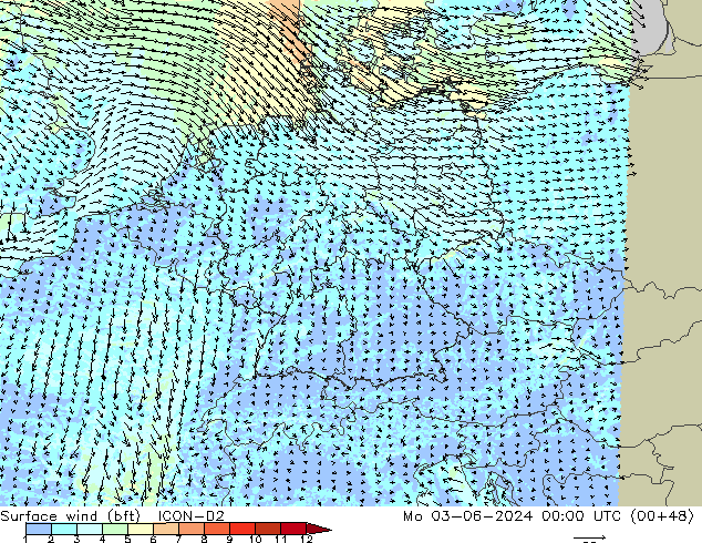 Surface wind (bft) ICON-D2 Mo 03.06.2024 00 UTC