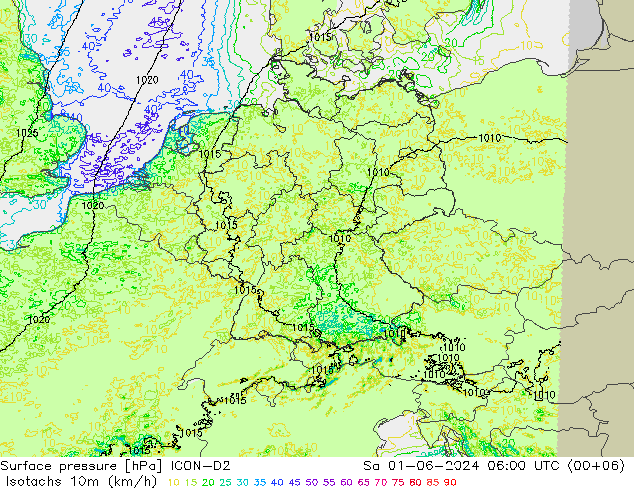 Isotachs (kph) ICON-D2  01.06.2024 06 UTC